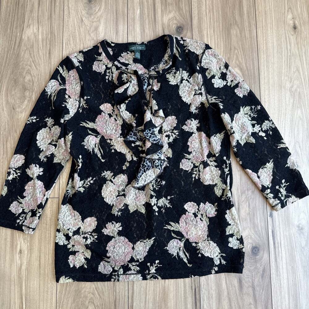 RALPH LAUREN Womens XL Top Black LACE Floral Ruffle Sheer Fairy Romantic